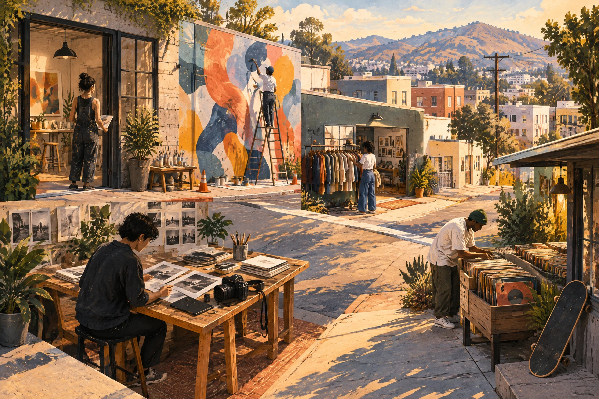 Illustrated Los Angeles neighbourhood vignettes connected by artists, archives, photography, fashion and skate culture
