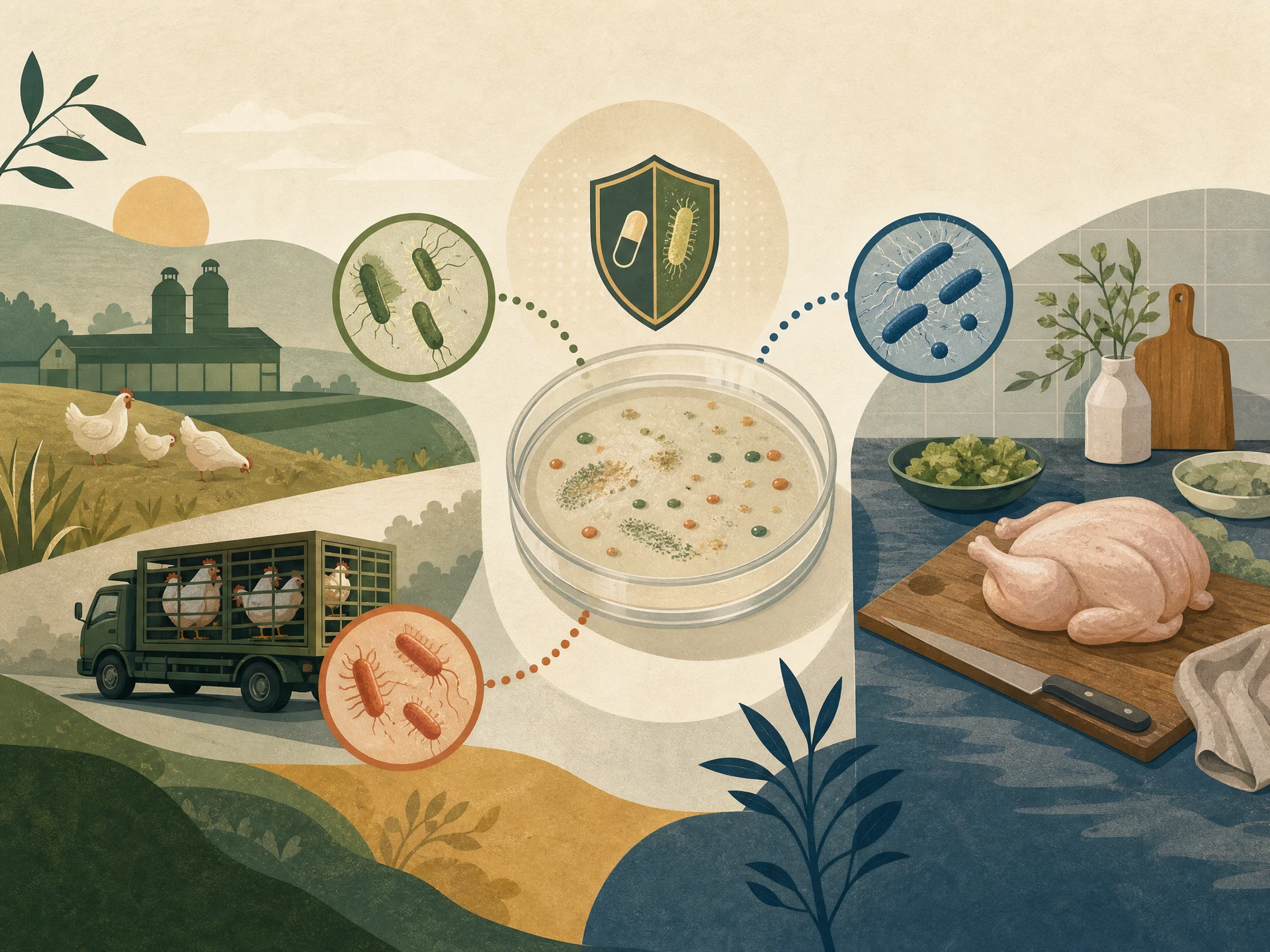Editorial illustration of a poultry supply chain, laboratory sample, bacterial paths and resistance symbol